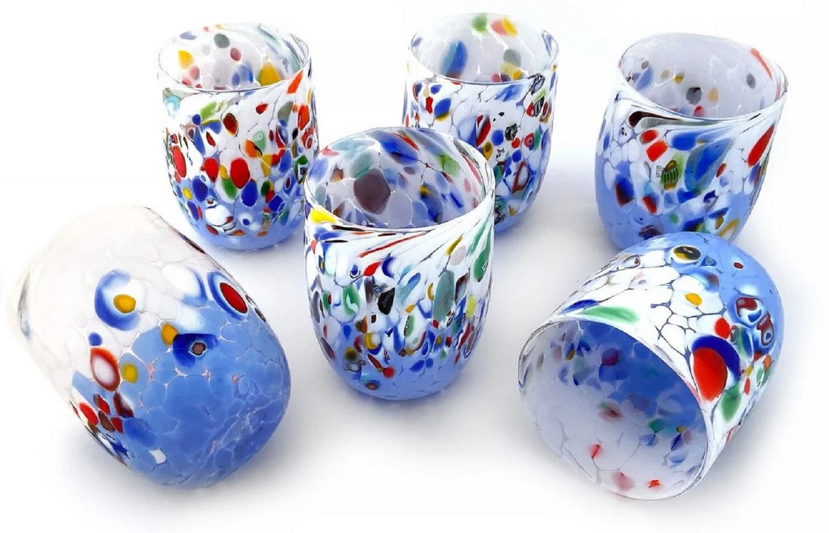 Casa Padrino conjunto de 6 vasos de agua de cristal de Murano de lujo blanco / azul claro ? 8 x A. 10,5 cm - Hecho en Italia