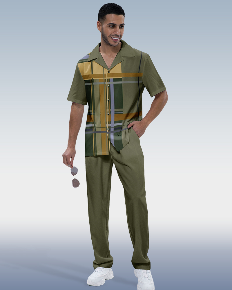 Suitmens Men's Plaid Print Short Sleeve Shirt Walking Set 288