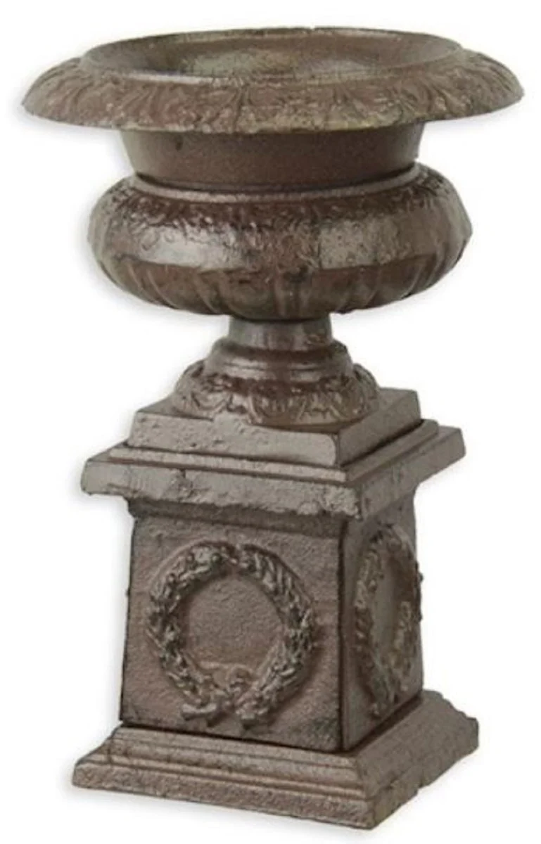 Casa Padrino florero barroco marrón antiguo Ø 14,3 x A. 21,7 cm - Jarrón pequeño redondo de hierro fundido con base - Florero de decoración de jardín - Accesorios de decoración barroco