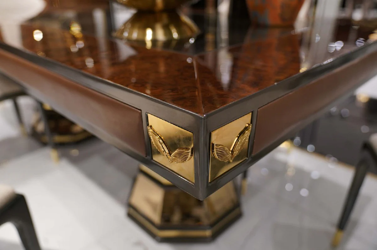 Casa Padrino mesa de comedor de lujo marr¨®n / gris / oro 226 x 112 x A. 70 cm - Mesa de cocina rectangular con espejo de cristal y cuero artificial fina - Muebles de comedor - Muebles de lujo