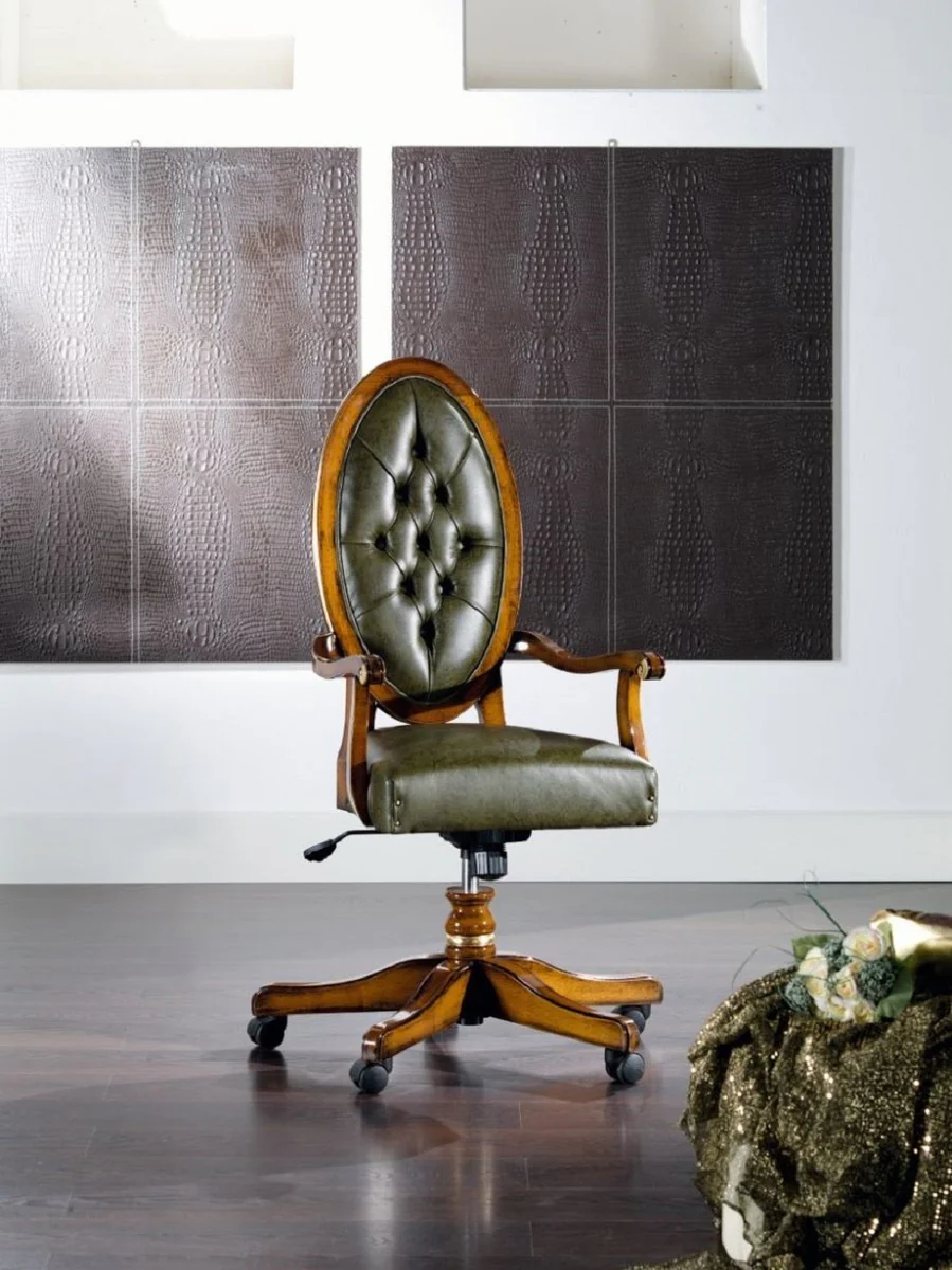 Casa Padrino Silla de oficina Art Nouveau de lujo verde vintage / marr¨®n 56 x 47 x A. 110-120 cm - Silla de escritorio ajustable en altura con cuero - Mobiliario de Oficina Barroco y Art Nouveau