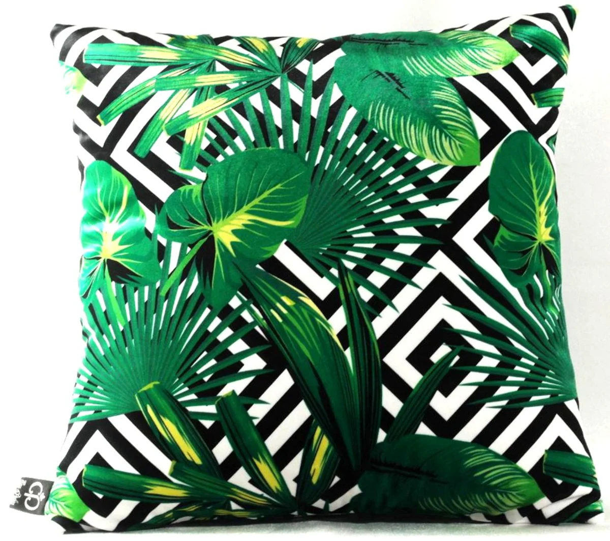 Casa Padrino Almohada de Lujo Miami Hojas de Palmera Negro / Blanco / Verde 45 x 45 cm - Tejido de Terciopelo M¨¢s Fino - Almohada Decorativo de la Sala