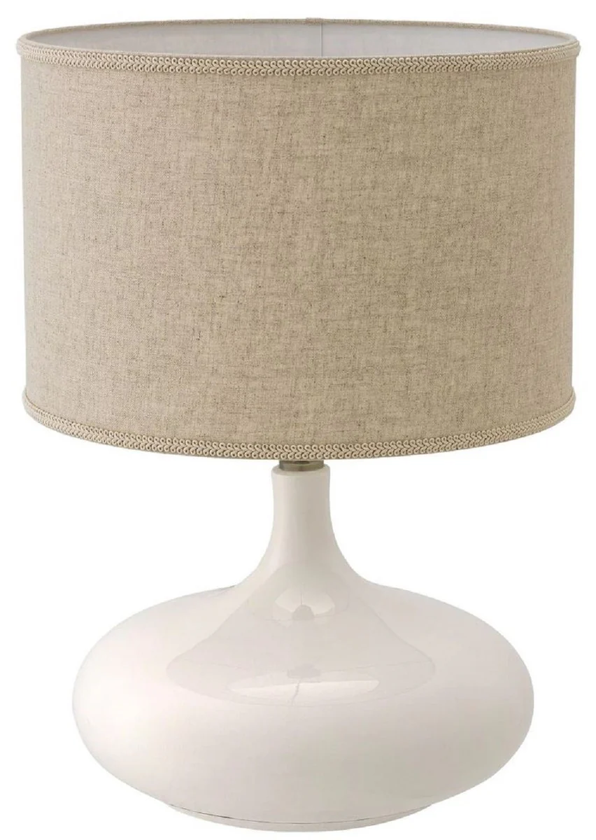 Casa Padrino lámpara de mesa de cerámica de lujo blanco / latón antiguo / beige Ø 46 x A. 64,5 cm - Lámpara de mesa moderna con pantalla - Colección de Lujo