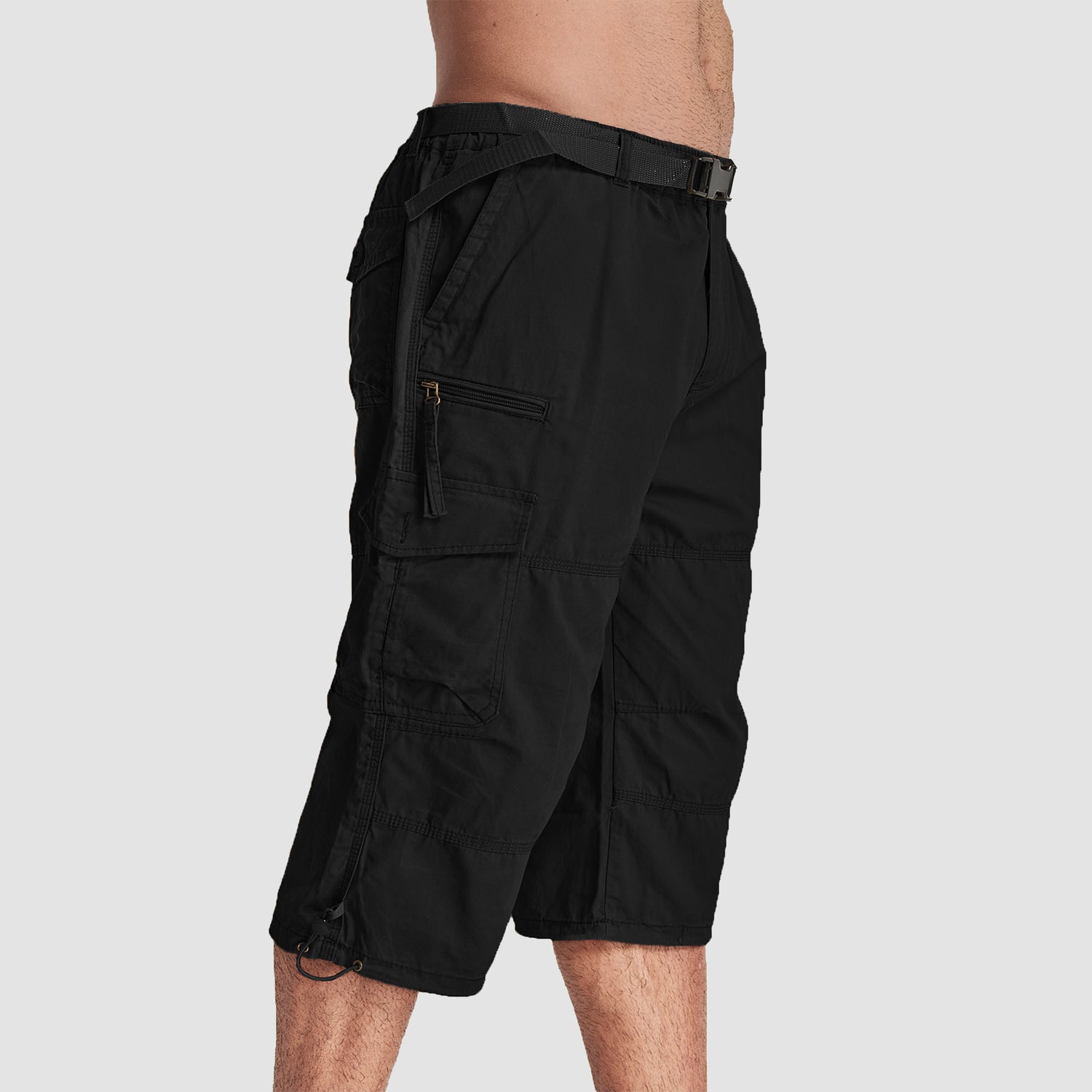 Men Summer Casual 3/4 Long Cargo Shorts Twill Cotton Elastic Waist Multiple Pockets Comfortable Capris Trousers