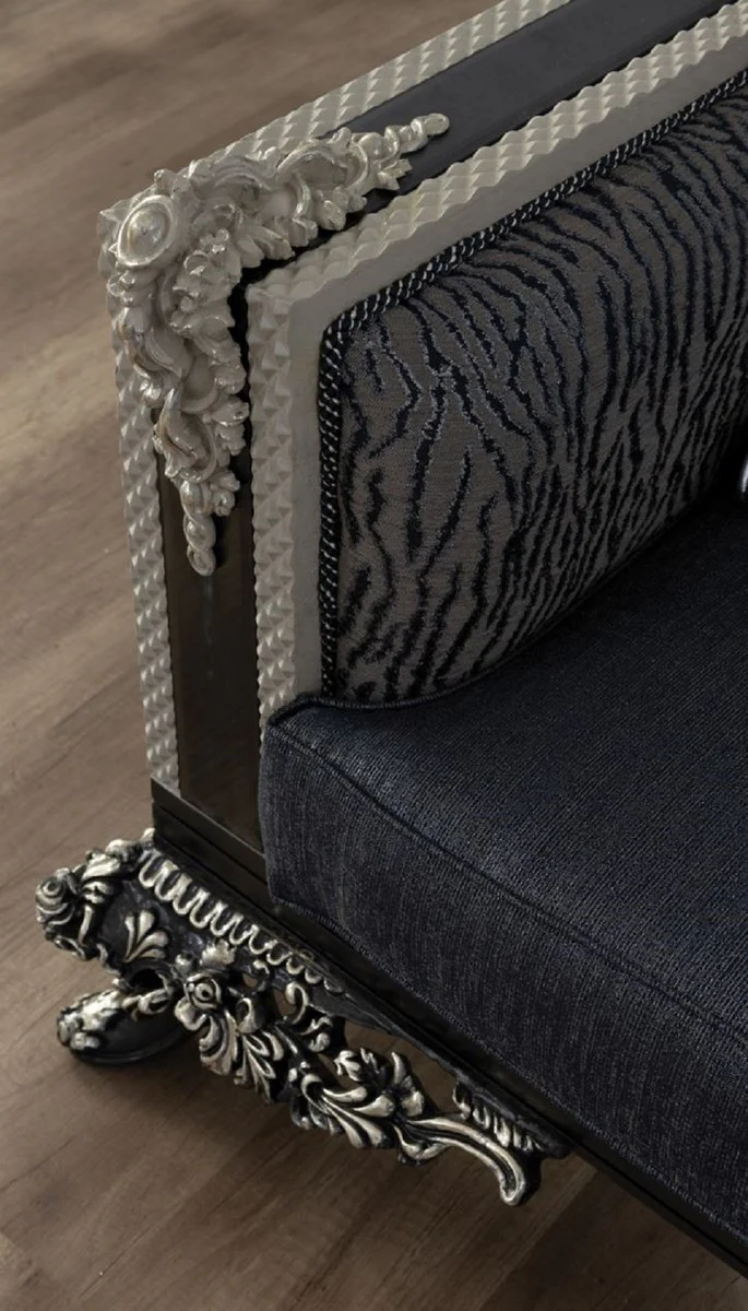 Casa Padrino sof¨¢ barroco de lujo azul / gris / blanco / negro / plata - Magn¨ªfico sof¨¢ de sal¨®n con patr¨®n elegante - Muebles de sal¨®n y hotel barrocos - Noble y Magn¨ªfico