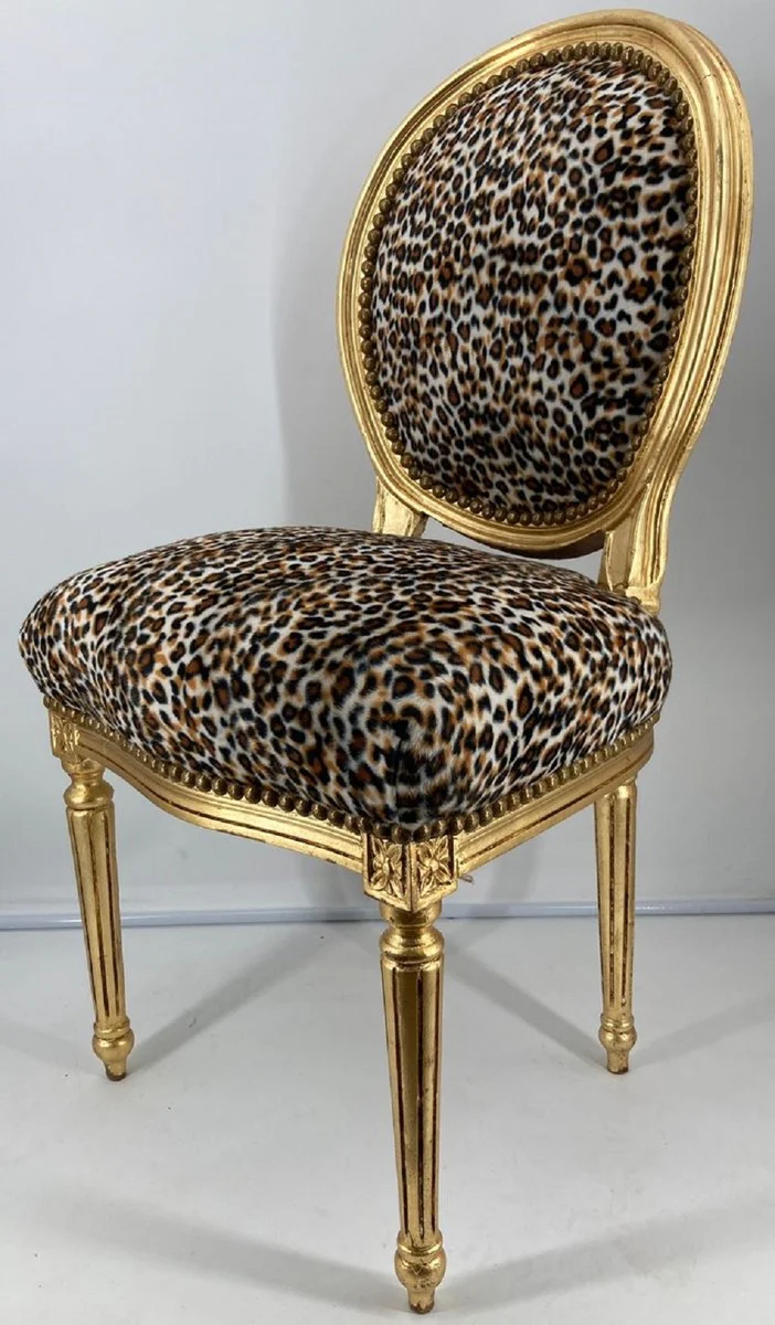 Casa Padrino silla de comedor barroco medall¨®n leopardo / oro - Silla de cocina de estilo antiguo de madera maciza hecha a mano con patr¨®n - Muebles de comedor barrocos