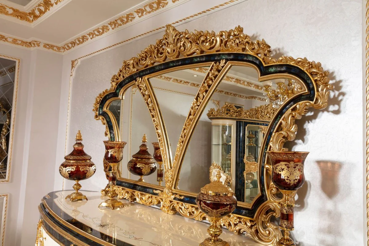 Casa Padrino conjunto de muebles barrocos de lujo blanco / azul / oro - 1 Aparador Barroco y 1 Espejo de Pared Barroco - Muebles Barroco - Noble y Magnífico