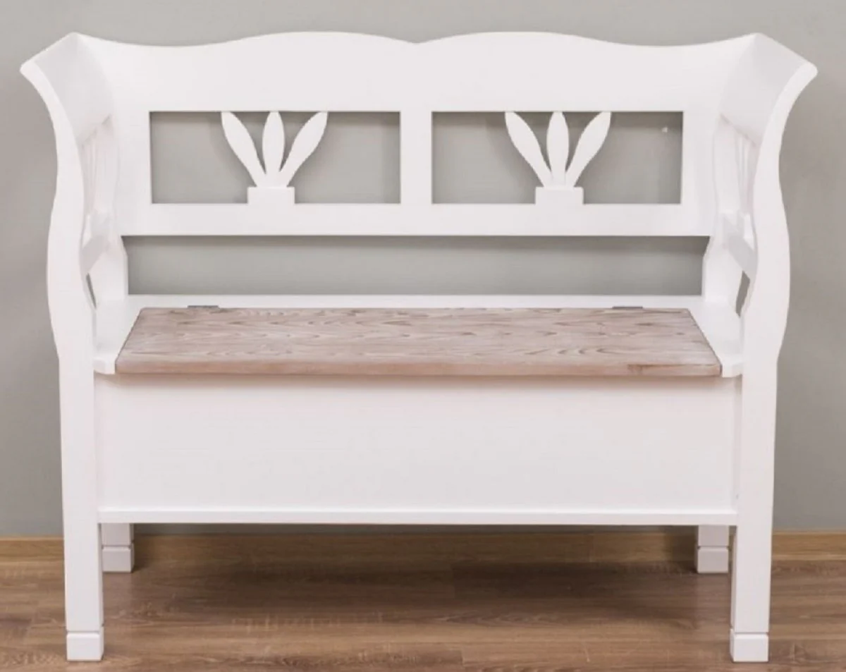 Casa Padrino banco de estilo campestre blanco / natural 117 x 48 x A. 92 cm - Banco de madera maciza con espacio de almacenamiento - Muebles de madera maciza - Muebles de estilo campestre