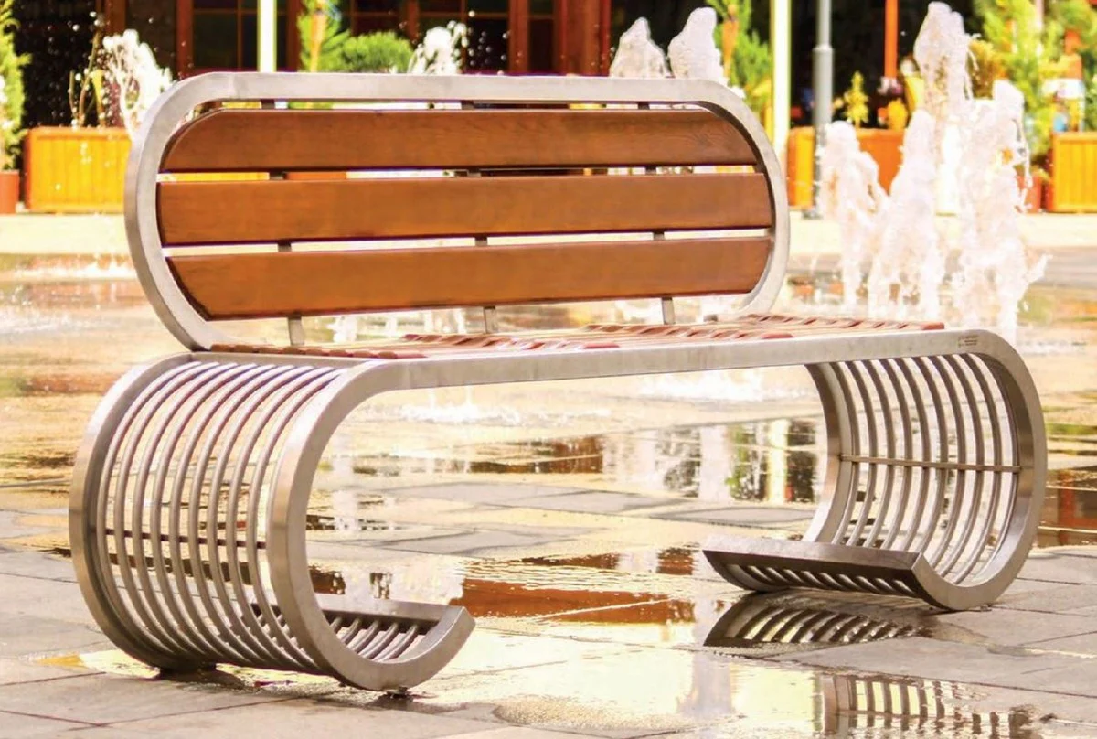 Casa Padrino banco de parque de lujo - Banco urbano con respaldo plata / marr¨®n 190 cm - Muebles de parque y exterior