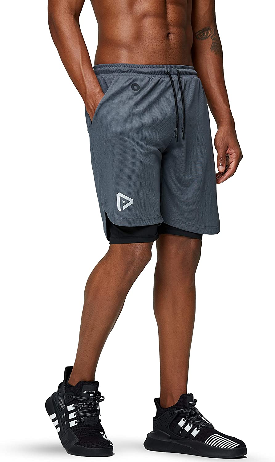 Men's 2 in 1 Running Shorts Gym Workout Quick Dry Mens Shorts with Phone Pocket