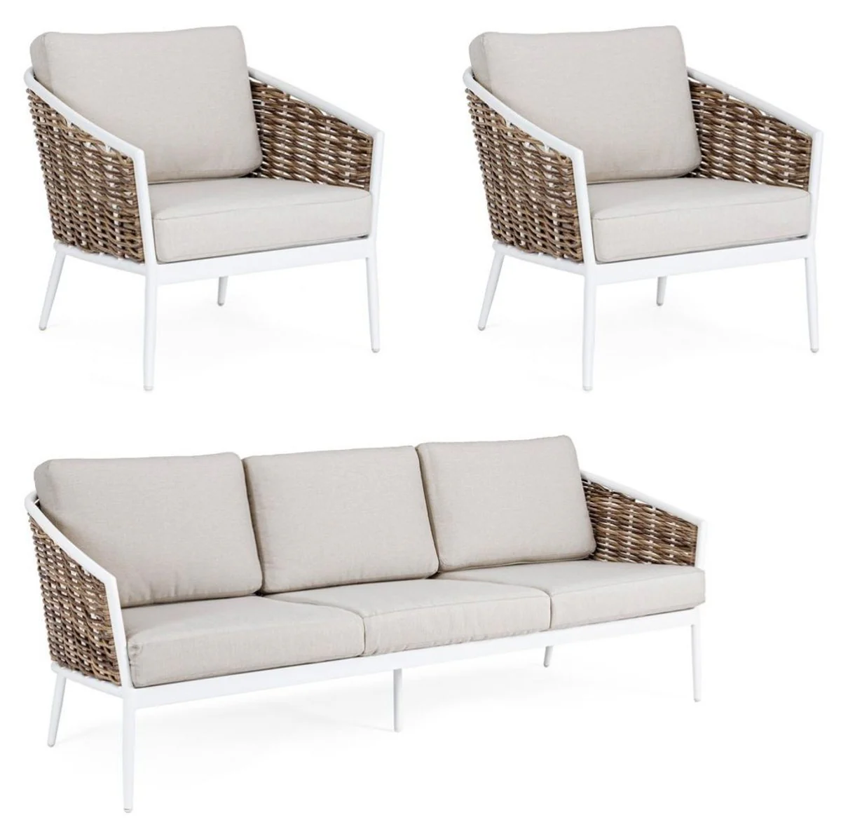 Casa Padrino conjunto de muebles de jard¨ªn de lujo gris / blanco / marr¨®n - 1 Sof¨¢ de Jard¨ªn y 2 Sillones de Jard¨ªn - Muebles de jard¨ªn - Muebles de piscina - Muebles de exterior - Muebles de lujo