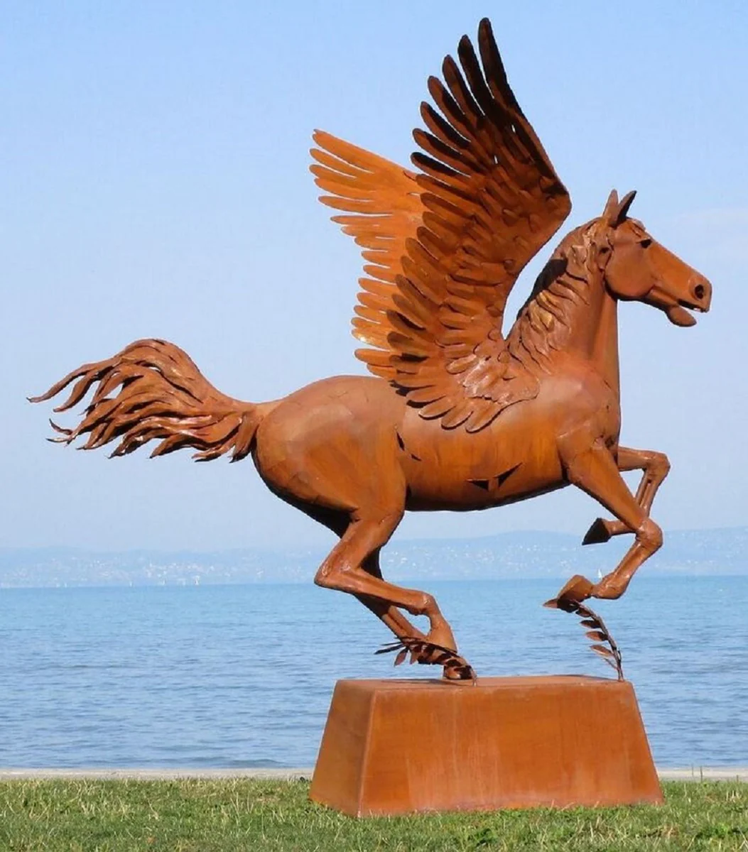 Casa Padrino escultura decorativa de lujo caballo Pegaso con pedestal ¨®xido 288 x 175 x A. 305 cm - Escultura de acero de tama?o natural - Figura decorativa de jard¨ªn enorme - Esculturas de jard¨ªn