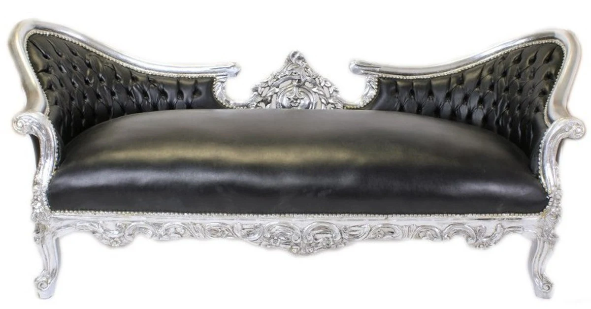 Casa Padrino Baroque sofa Vampire black leather look / Silver - Limited Edition - Coffee Lounge