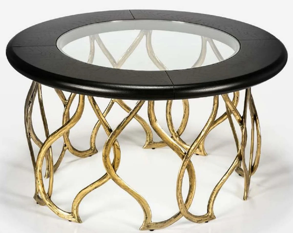 Casa Padrino mesa de centro de lujo negro / lat¨®n ? 100 x A. 45 cm - Mesa de sal¨®n redonda con tapa de vidrio - Muebles de sal¨®n de lujo