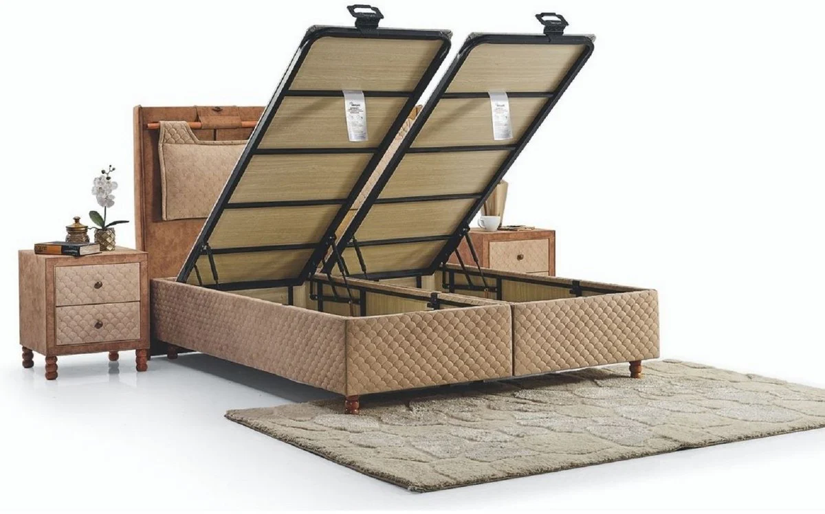 Casa Padrino cama doble de lujo beige / marrón - Cama moderna de madera maciza - Muebles de Dormitorio y de Hotel Moderno - Colección de Lujo