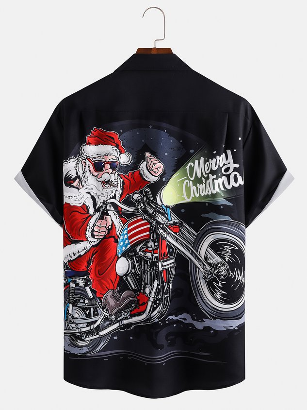 Men's Santa Print Casual Short Sleeve Shirt with Breast Pocket
