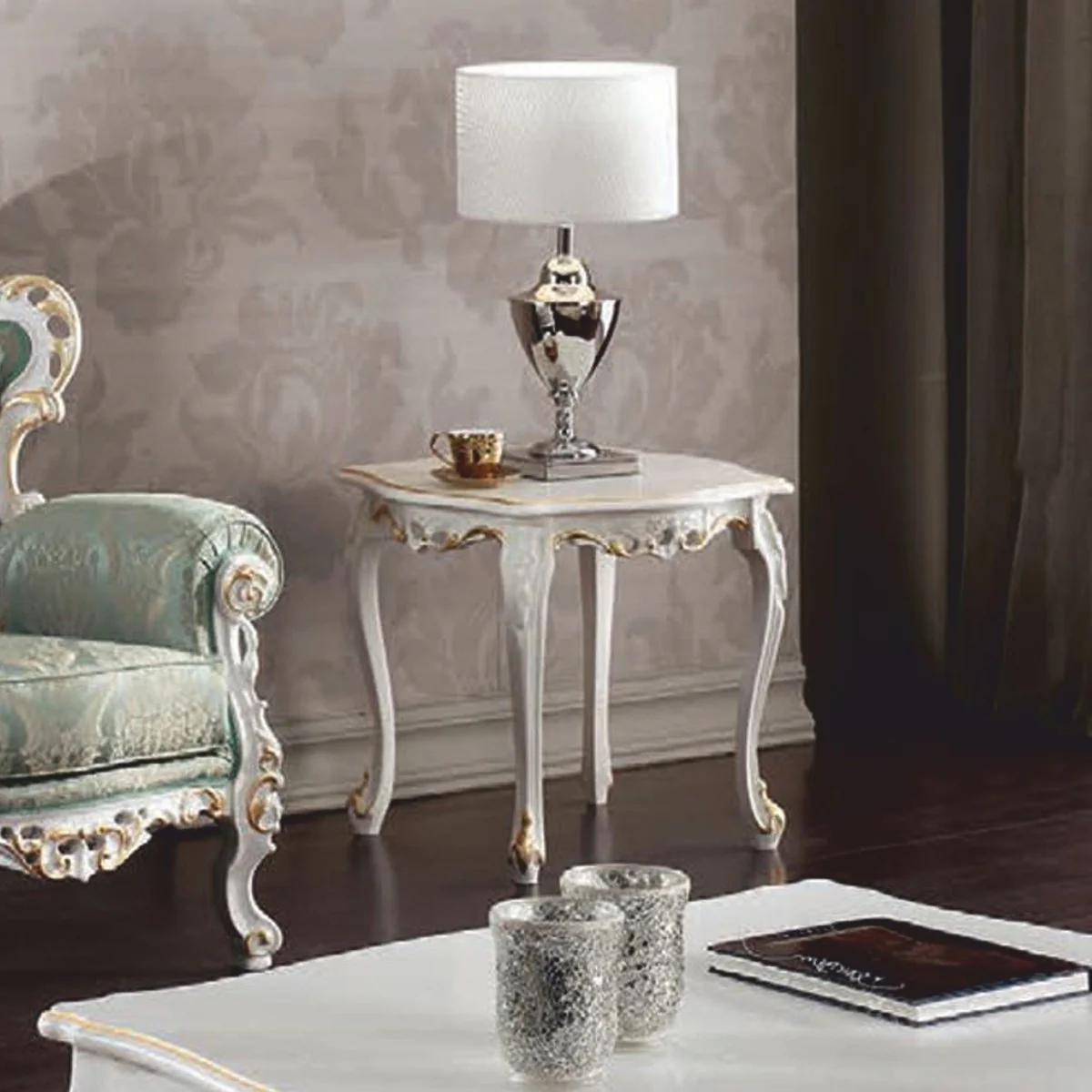 Casa Padrino mesa auxiliar barroco de lujo blanco / oro A. 59 cm - Hecho en Italia