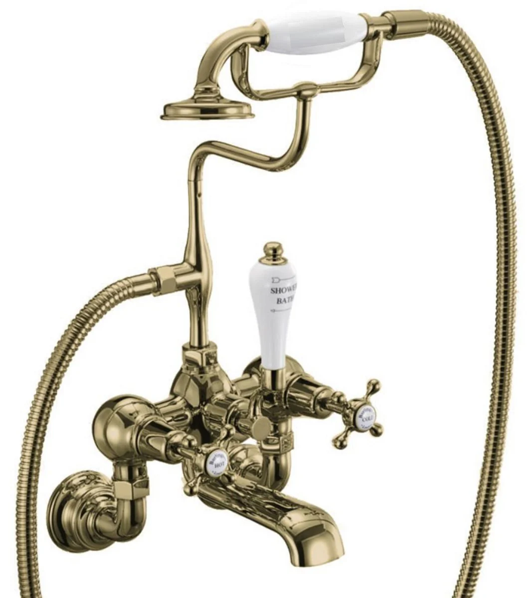 Casa Padrino grifo de baño Art Nouveau de lujo oro / blanco A. 46,95 cm - Grifo de baño de latón nostálgico con ducha de mano - Accesorios de baño nostálgicos