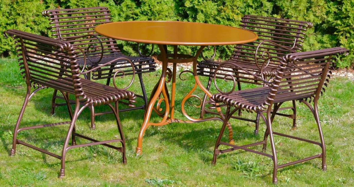 Casa Padrino conjunto de muebles de jard¨ªn Art Nouveau de hierro forjado marr¨®n / marron oscuro - 1 Mesa de Jard¨ªn y 4 Sillas de Jard¨ªn con Reposabrazos - Muebles de Jard¨ªn Barrocos y Art Nouveau