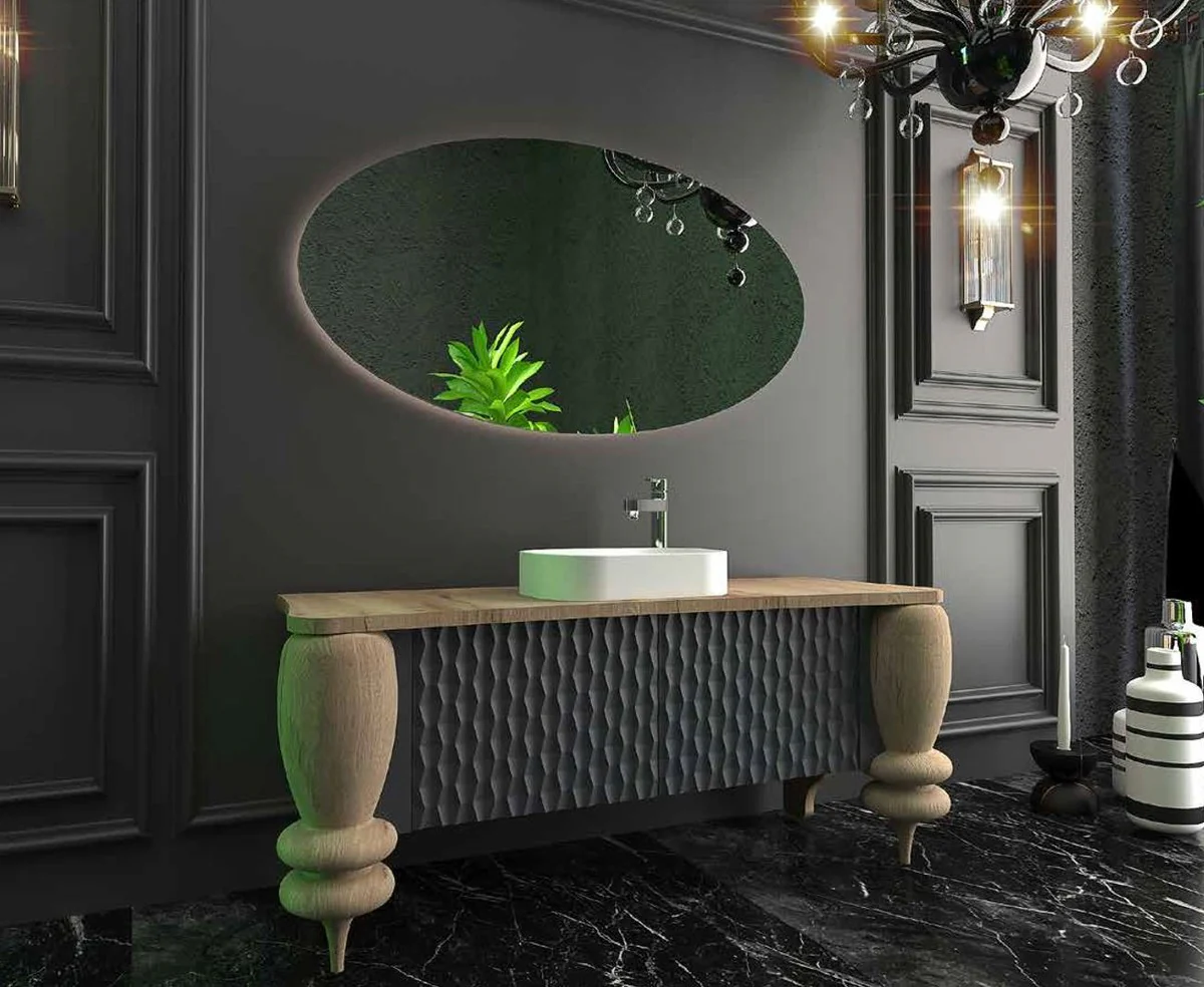 Casa Padrino Conjunto de Ba?o de Lujo Natural / Gris / Blanco - 1 Mesa de Lavado con 2 Puertas y 1 Lavabo y 1 Espejo de Pared LED - Muebles de Ba?o de Lujo