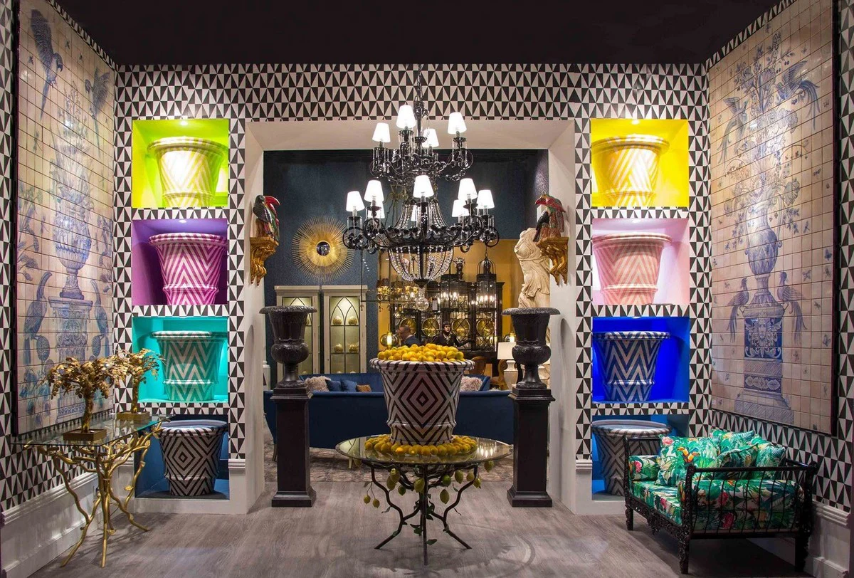 Casa Padrino mesa de comedor de lujo negro / amarillo / verde Ø 120 x H. 75 cm - Mesa de hierro forjado con tapa de vidrio y marco de arbusto de limón - Muebles de Jardín Patio Sala de Estar