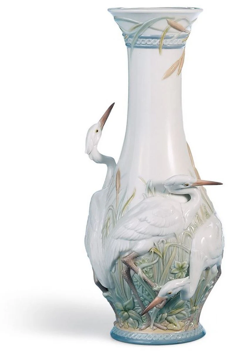 Casa Padrino Luxury Porcelain Vase Storks White / Multicolored Ø 17 x H. 35 cm - Luxury Decoration