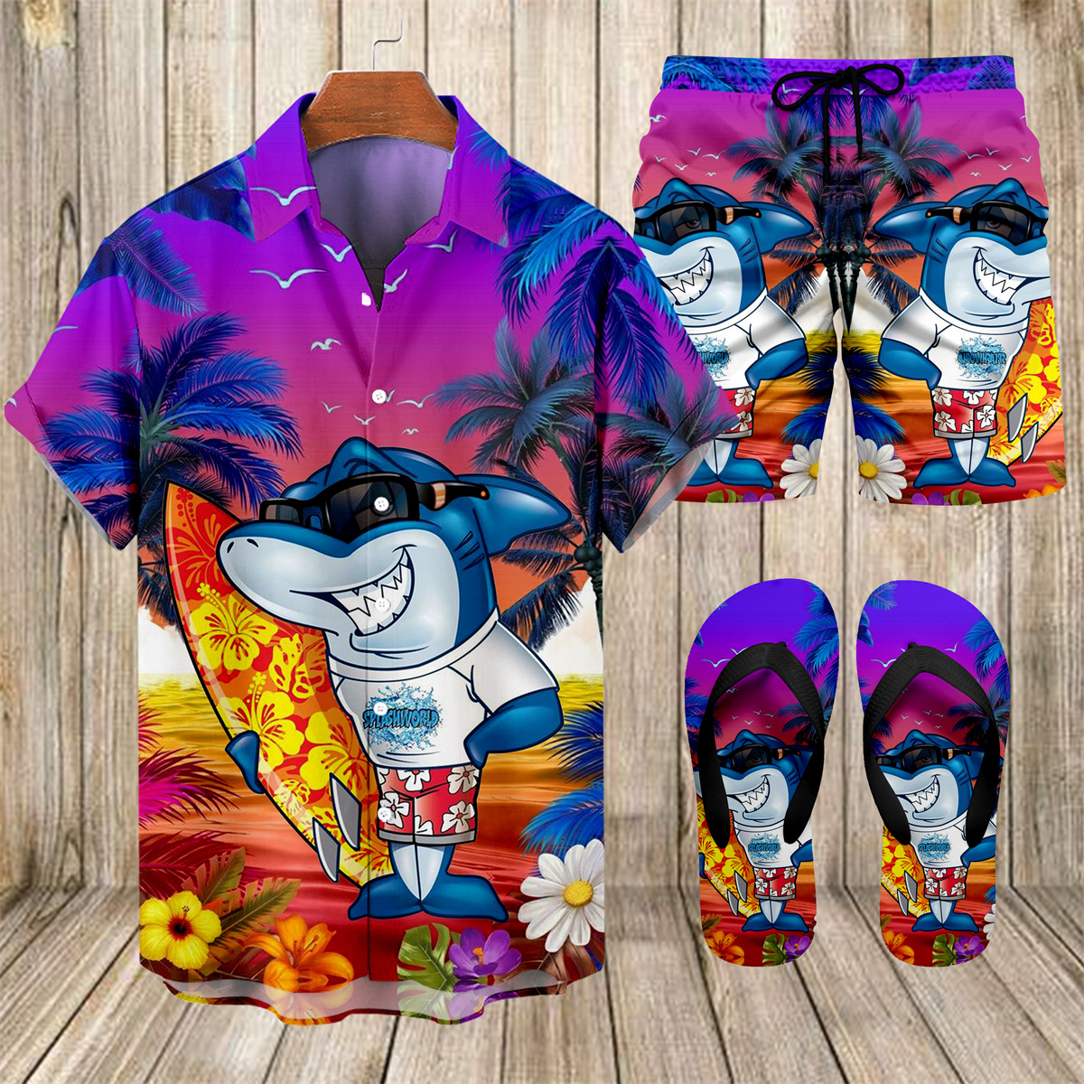 Suitmens Men's Tiki Party Hawaiian Vacation Print Three-Piece Set 022