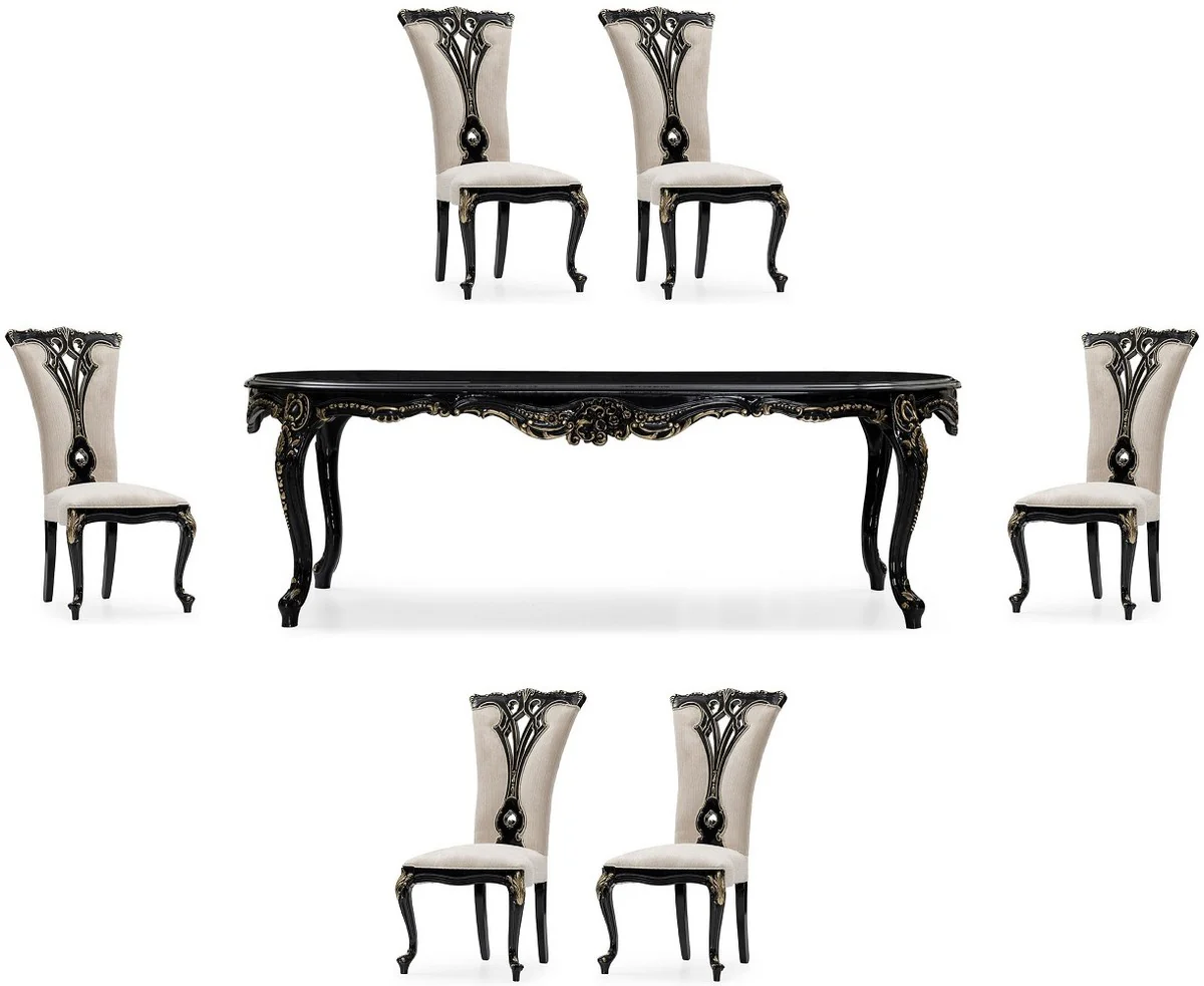 Casa Padrino conjunto de comedor barroco de lujo crema / negro / oro - 1 Mesa de Comedor Barroco y 6 Sillas de Comedor Barrocos - Muebles de comedor de lujo estilo barroco