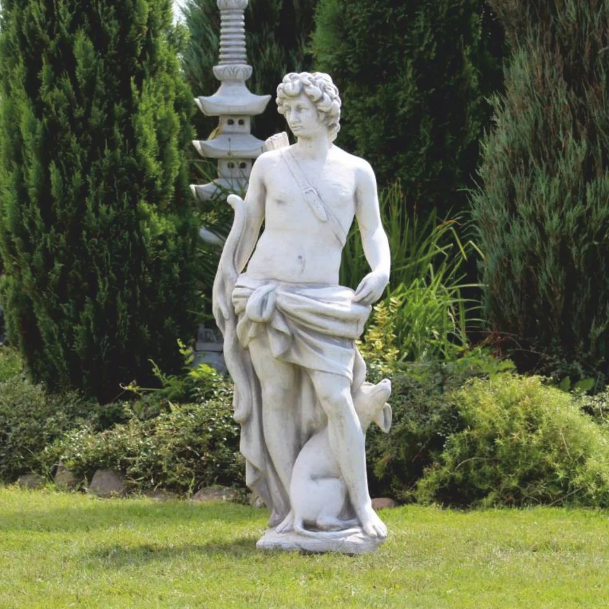 Casa Padrino escultura de decoraci¨®n de jard¨ªn Art Nouveau hombre con arco y perro gris A. 142 cm