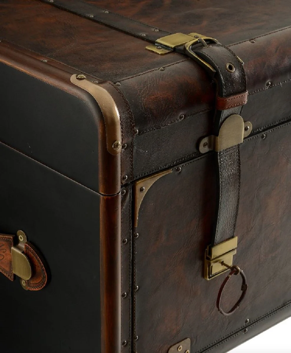 Casa Padrino minibar de cuero de lujo con aspecto de maleta marron oscuro / negro / lat¨®n 45,5 x 45,5 x A. 73 cm - Minibar de cuero genuino - Muebles de cuero genuino - Muebles de lujo