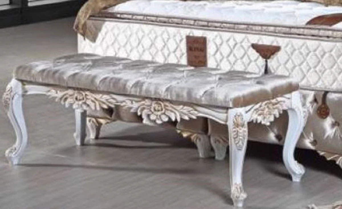 Casa Padrino banco barroco plata / blanco / oro - Banco de madera maciza tapizado con terciopelo fino - Muebles barrocos hechos a mano - Noble y Magnífico