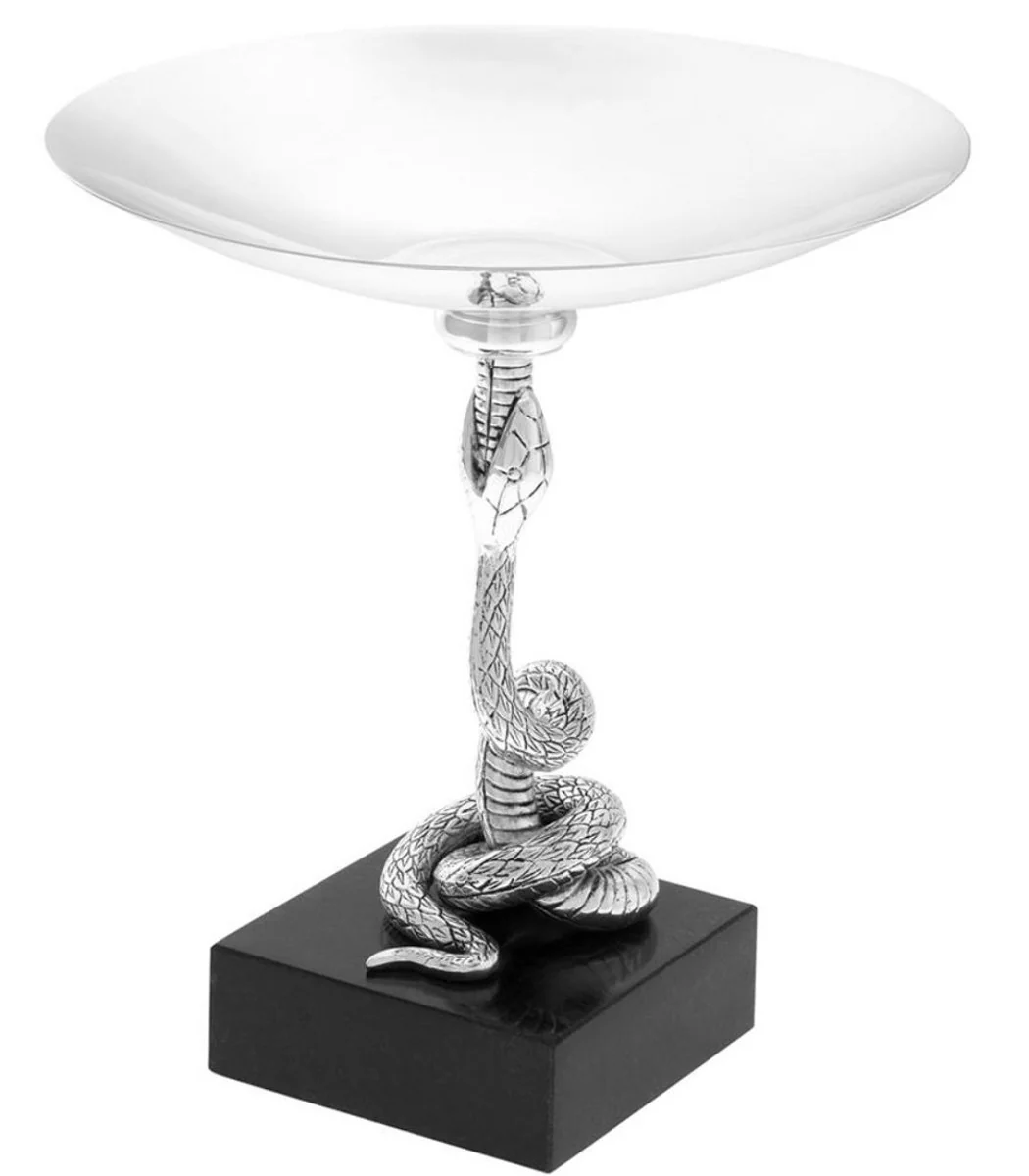 Casa Padrino taz¨®n de servir de lujo serpiente plata / negro ? 25,5 x H. 28,5 cm - Taz¨®n de Lat¨®n Chapado en Plata con Soporte y Base de Granito - Colecci¨®n de Lujo