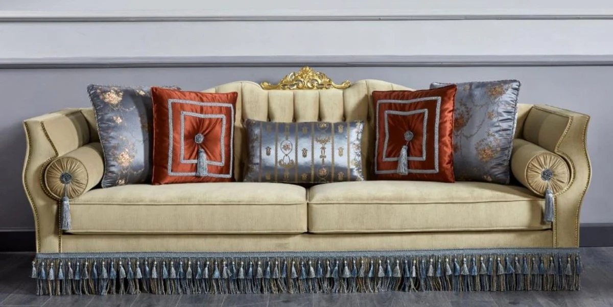 Casa Padrino sof¨¢ barroco de lujo beige / azul - Magn¨ªfico sof¨¢ de sal¨®n - Muebles de sal¨®n estilo barroco - Muebles de lujo estilo barroco - Muebles barrocos - Noble y Magn¨ªfico