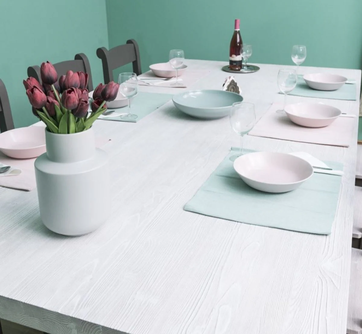 Casa Padrino conjunto de muebles de comedor de estilo campestre gris claro / gris - 1 Mesa de Comedor y 6 Sillas de Comedor - Muebles de comedor de madera maciza - Muebles de estilo campestre