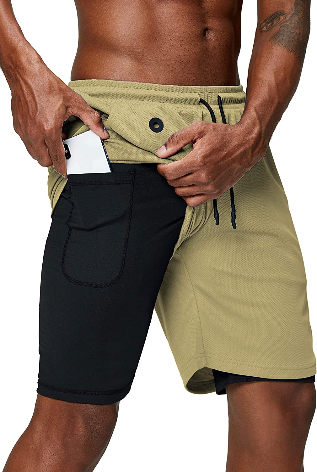 Men's 2 in 1 Running Shorts Gym Workout Quick Dry Mens Shorts with Phone Pocket