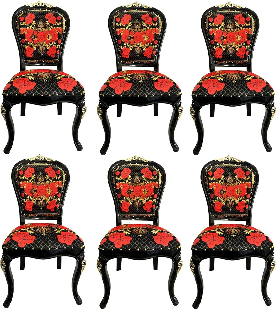 Pomp??s by Casa Padrino Sillas de Comedor Barrocas de Lujo Rosas Negro / Rojo / Oro - Conjunto de Comedor - 6 Sillas de Estilo Barroco Pomp??s Dise?adas por Harald Gl??ckler