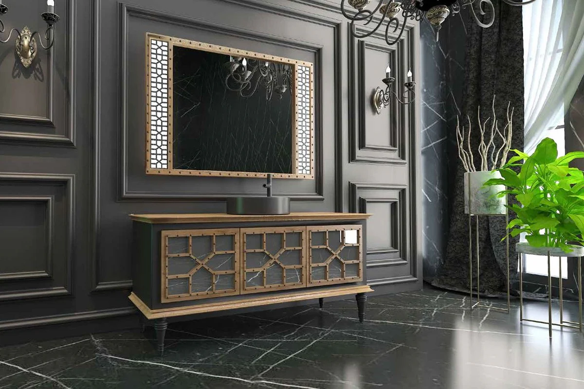 Casa Padrino Conjunto de Baño de Lujo Natural / Negro - 1 Mesa de Lavado con 3 Puertas y 1 Lavabo y 1 Espejo de Pared - Calidad de Lujo