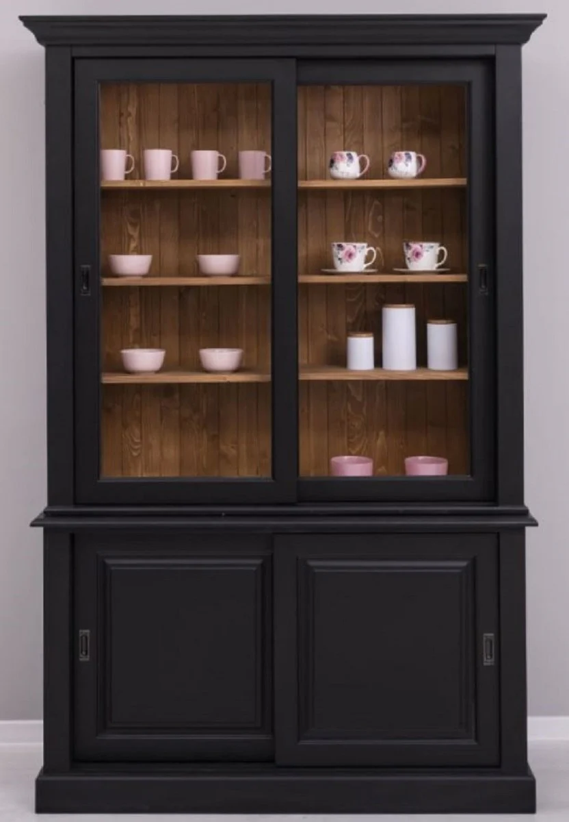 Casa Padrino armario de comedor estilo campestre negro / marr¨®n 141 x 48 x A. 212 cm - Armario de madera maciza con 4 puertas correderas - Mueble de comedor de madera maciza estilo campestre