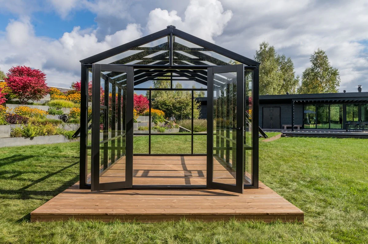 Casa Padrino Casa de Jard¨ªn de Lujo Negro 400 x 300 x A. 276,2 cm - Casa de Jard¨ªn de Madera Maciza con Ventanas y Puertas de Vidrio - Invernadero - Casas de Jard¨ªn de Lujo - Invernaderos de Lujo