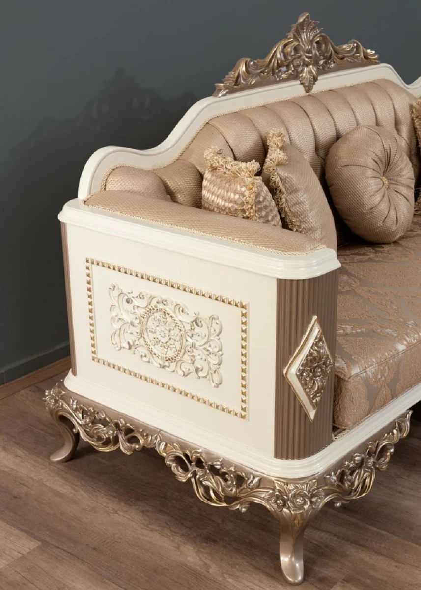 Casa Padrino sof¨¢ barroco de lujo marr¨®n / plata / blanco / marr¨®n / oro 234 x 93 x A. 124 cm - Magn¨ªfico sof¨¢ de sal¨®n hecho a mano con cojines decorativos - Muebles de sal¨®n barrocos