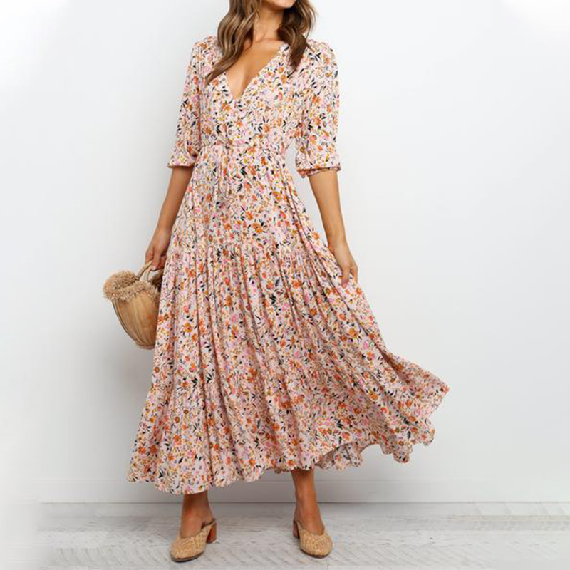 Pleated Floral Print Maxi Dress