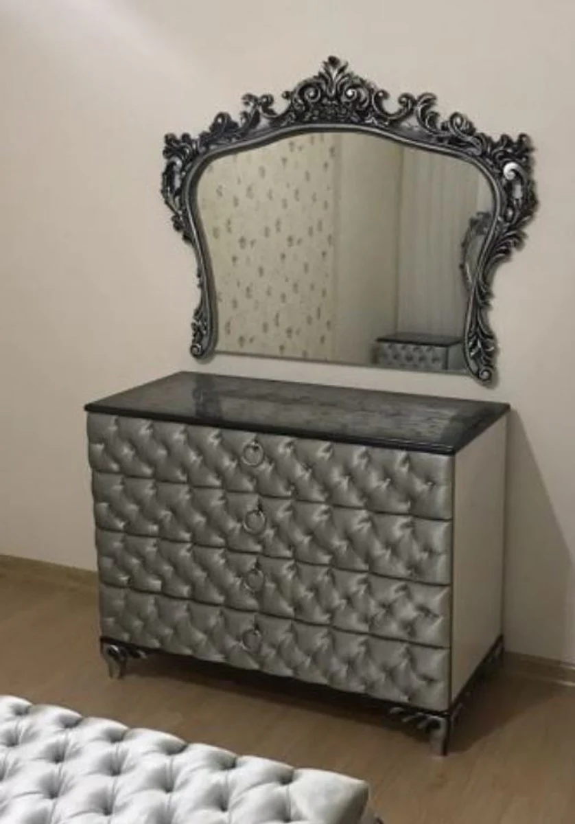 Casa Padrino cómoda de dormitorio barroco con elegante espejo de pared plata - Gabinete de madera maciza con espejo - Muebles de dormitorio de estilo barroco