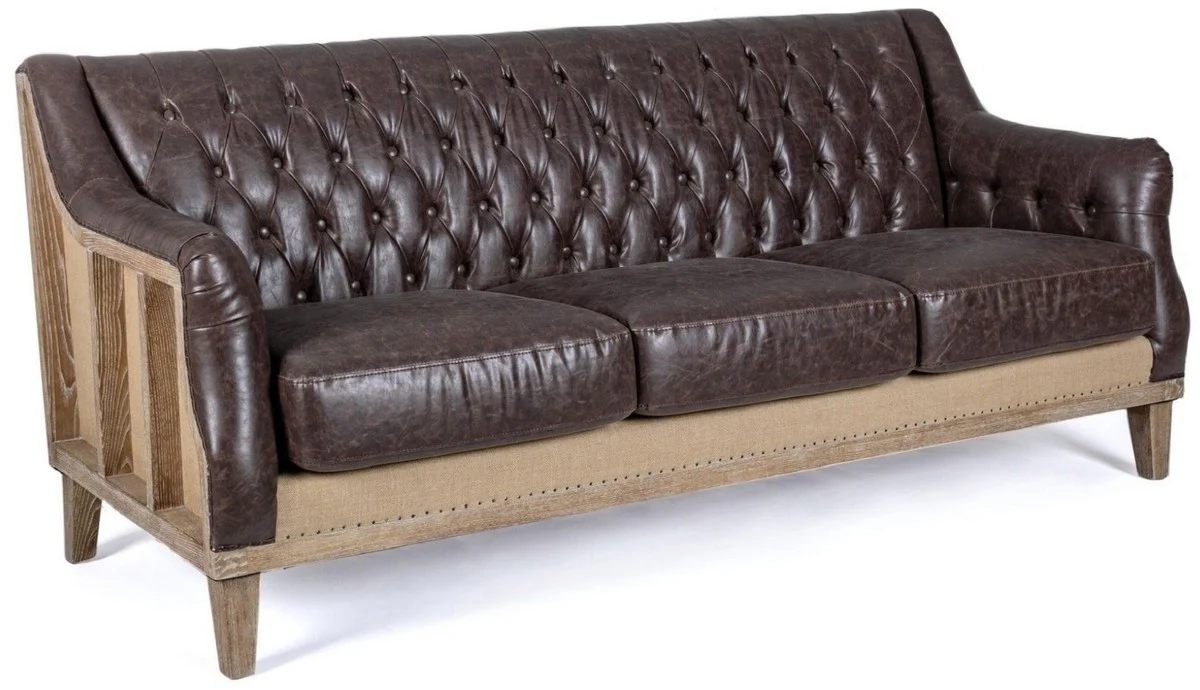 Casa Padrino sof¨¢ Chesterfield de lujo en cuero artificial marr¨®n oscuro / natural 194,5 x 85 x A. 85 cm - Sof¨¢ de sal¨®n - Muebles de sal¨®n - Muebles Chesterfield - Muebles de lujo