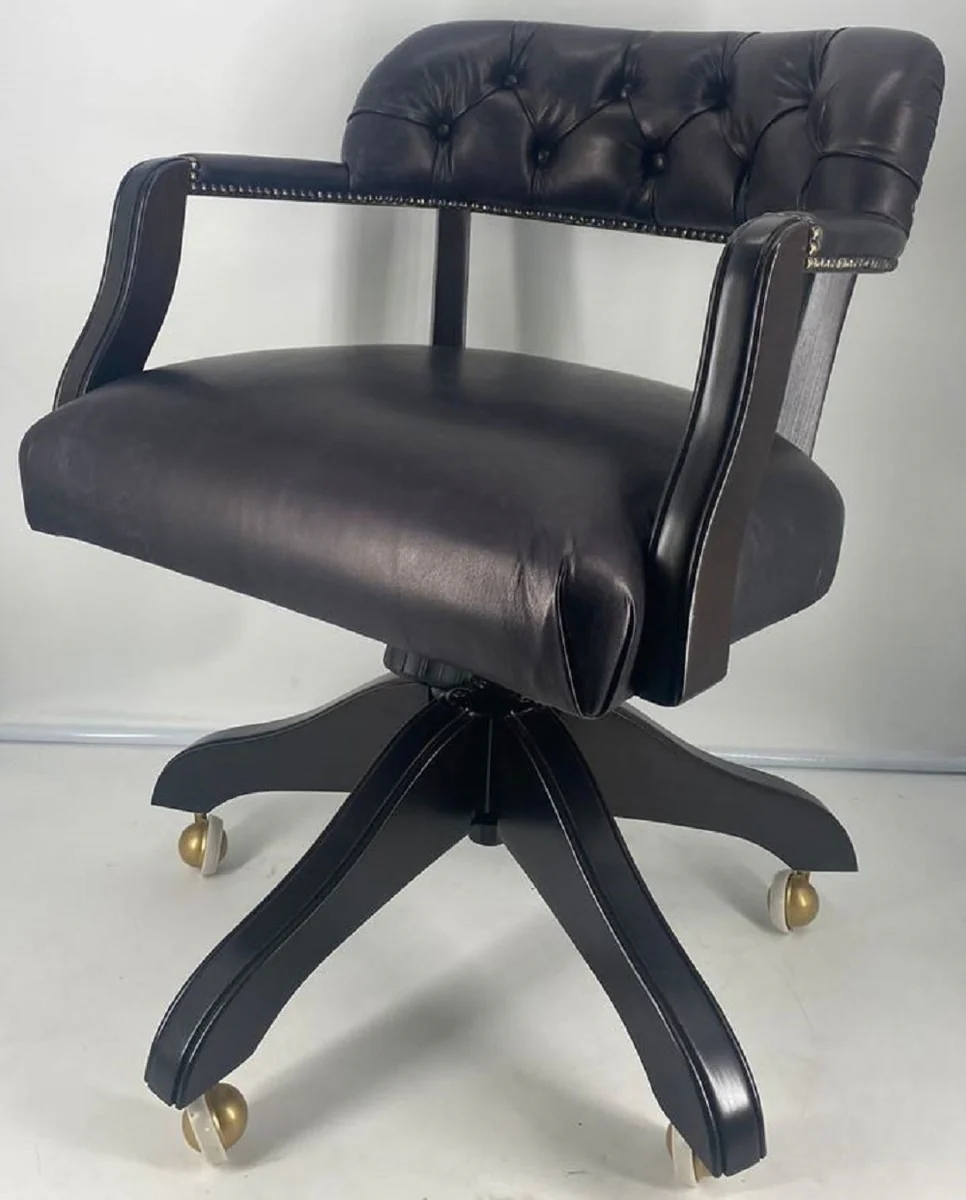 Casa Padrino silla de oficina de cuero de lujo negro / negro 58 x 65 x A. 80-87 cm - Silla de escritorio ajustable en altura - Silla giratoria de genuino - Muebles de lujo - Muebles de oficina