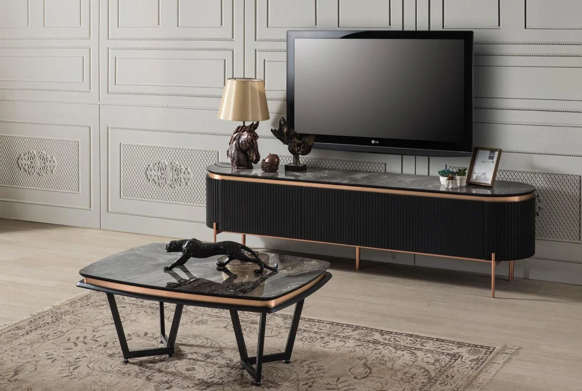 Casa Padrino gabinete TV de lujo negro / cobre 208 x 48 x A. 57 cm - Mueble de TV con 4 puertas - Muebles de salón de lujo