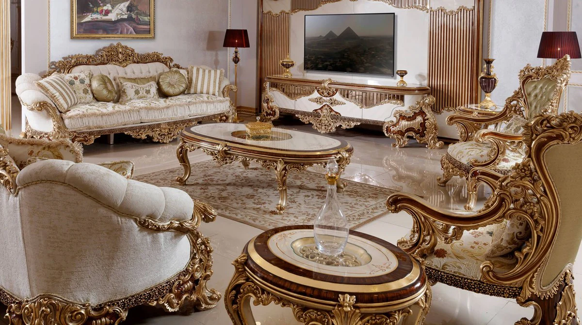 Casa Padrino armario de TV barroco de lujo blanco / marr¨®n / oro - Magn¨ªfico aparador de sal¨®n con pared trasera - Muebles de sal¨®n barrocos - Muebles de lujo en estilo barroco - Noble y Magn¨ªfico