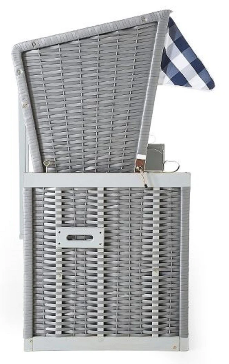 Casa Padrino silla de playa gris / azul / blanco 116 x 76 x A. 160 cm - Silla de playa de madera con techo e iluminaci¨®n LED - Muebles de jard¨ªn - Muebles de piscina - Muebles de exterior