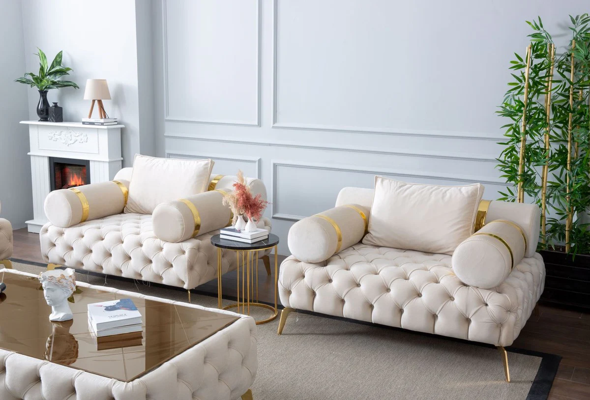 Casa Padrino sill¨®n Chesterfield de lujo crema / oro 130 x 115 x A. 70 cm - Sill¨®n de sal¨®n Chesterfield - Muebles de sal¨®n - Muebles Chesterfield - Muebles de lujo - Interiores de lujo