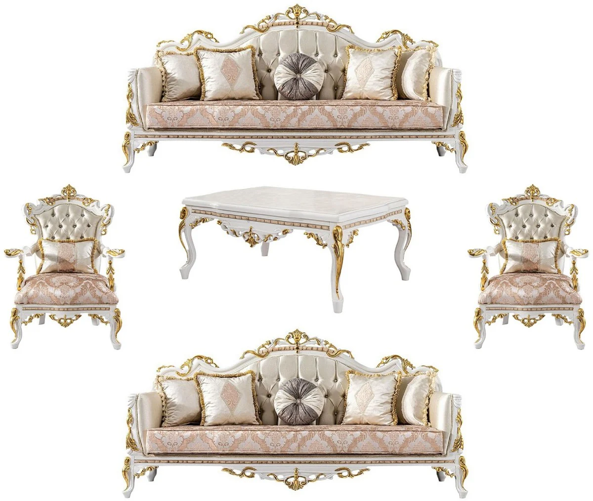 Casa Padrino conjunto de sala de estar barroco de lujo oro / plata / marr¨®n / blanco / oro - 2 Sof¨¢s Barrocos y 2 Sillones Barrocos y 1 Mesa de Centro Barroco - Muebles de sal¨®n barroco