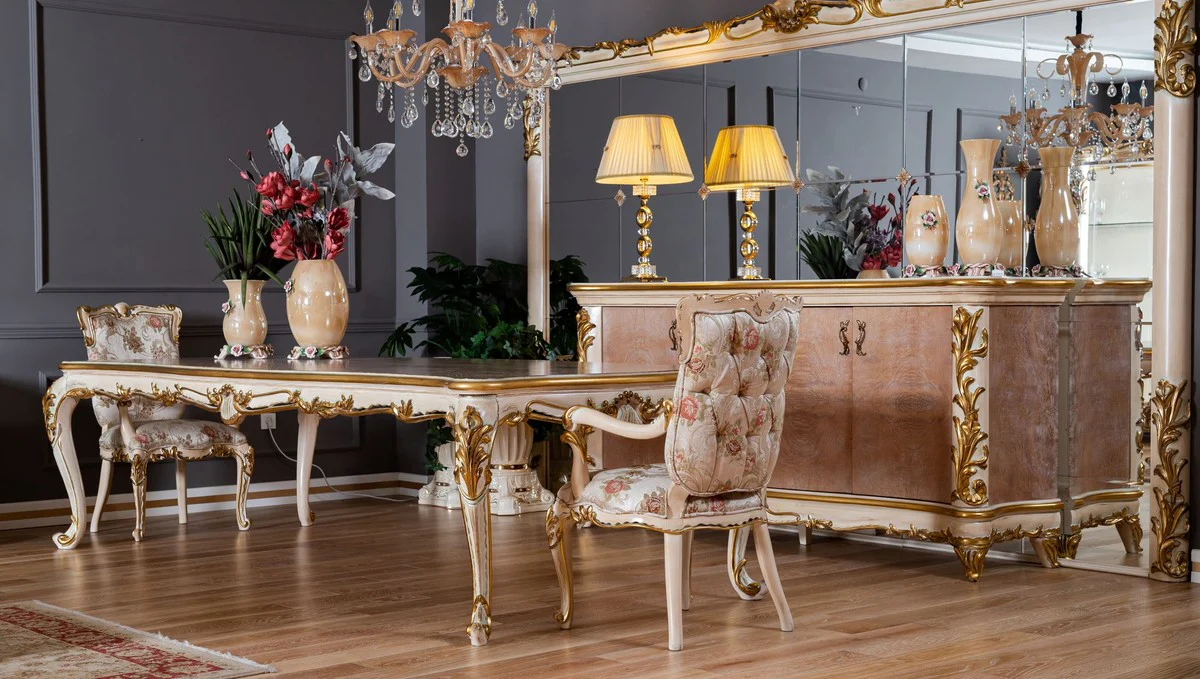 Casa Padrino conjunto de muebles barrocos de lujo beige / blanco / oro - 1 Aparador Barroco con 4 Puertas y Cajón y 1 Gran Espejo de Pared Barroco - Muebles Barroco